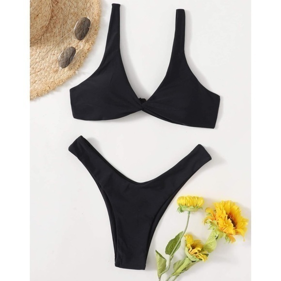 NWOT Black Twist Front High Cut Two Piece Bikini Set Swimsuit - Picture 1 of 10